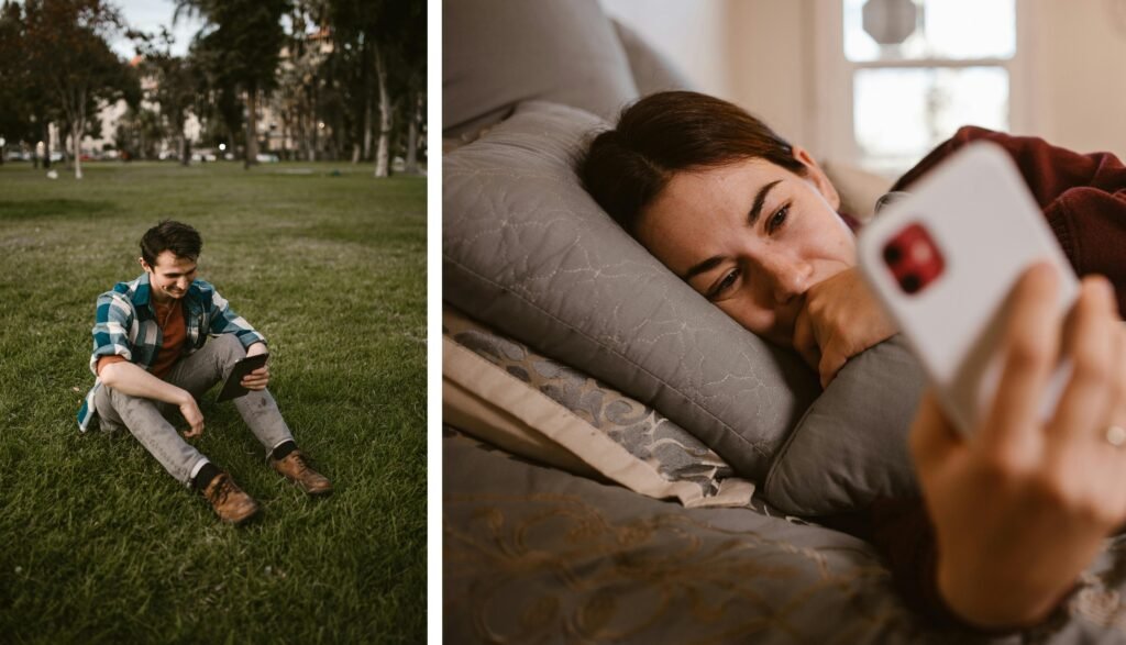 Two long-distance partners on their phones: a man sitting in a park and a woman lying in bed holding her phone.