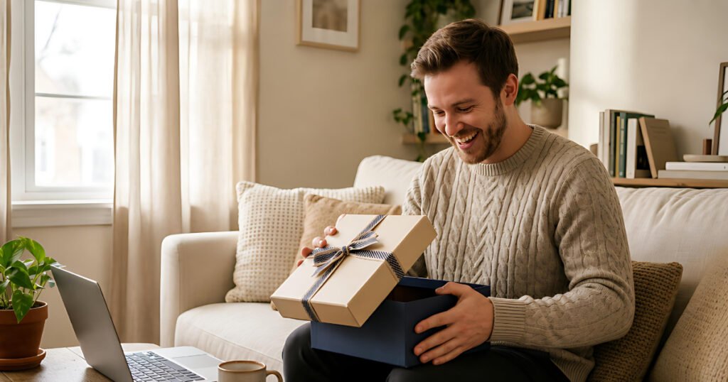 Long distance gifts for boyfriend, young man opening gift at home
