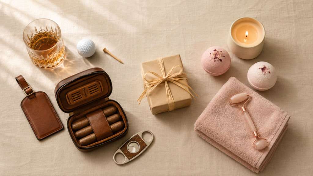 Long distance birthday gifts flat lay with whiskey glasses, golf accessories, and spa items for him and her