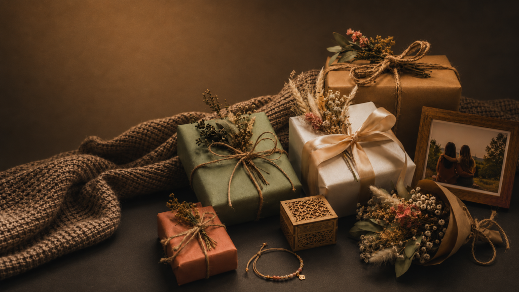 Wrapped friendship gifts with dried flowers, a keepsake box, bracelet, and framed friend photo, styled as long distance gifts for friends and friendship day gifts.
