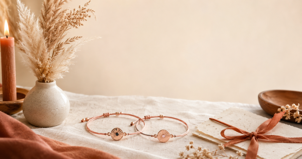 Two matching rose gold touch bracelets displayed on cream linen beside a lit terracotta candle, dried pampas grass, and a handwritten note tied with terracotta ribbon, one of the best long distance gifts for girlfriend.
