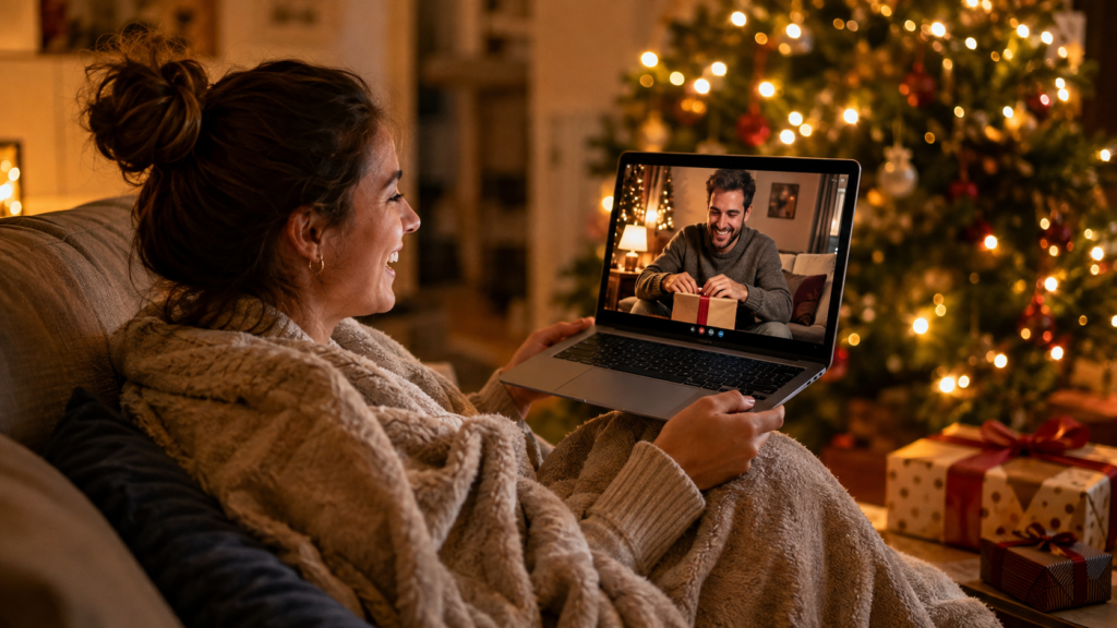 Long Distance Christmas Gifts for Boyfriend, woman on video call watching boyfriend open a wrapped gift.